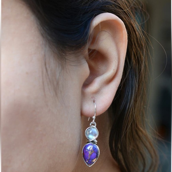 Sterling Silver Purple Copper Turquoise Rainbow Moonstone earrings - Picture 4 of 9